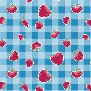 Small Scale Strawberry Picnic on Midtone Blue Gingham Background