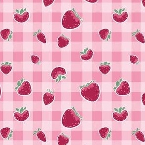 Small Scale Strawberry Picnic on Pretty Pink Gingham Background