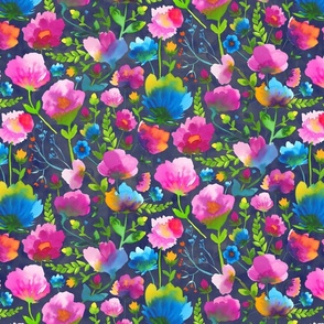 Hand-painted bold multicolor watercolor poppies blue background medium