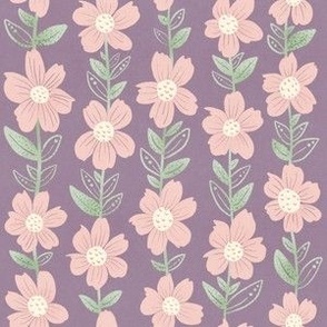 Boho Pink Floral with Green Vertical Vines_Dark Lilac (Small)
