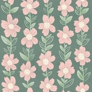 Boho Pink Floral with Green Vertical Vines_Dark Sage (Small)
