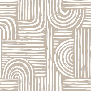 Rustic Modern Brush Abstract Pattern White on Tan, Light Brown, Woven Arches Semi Circles