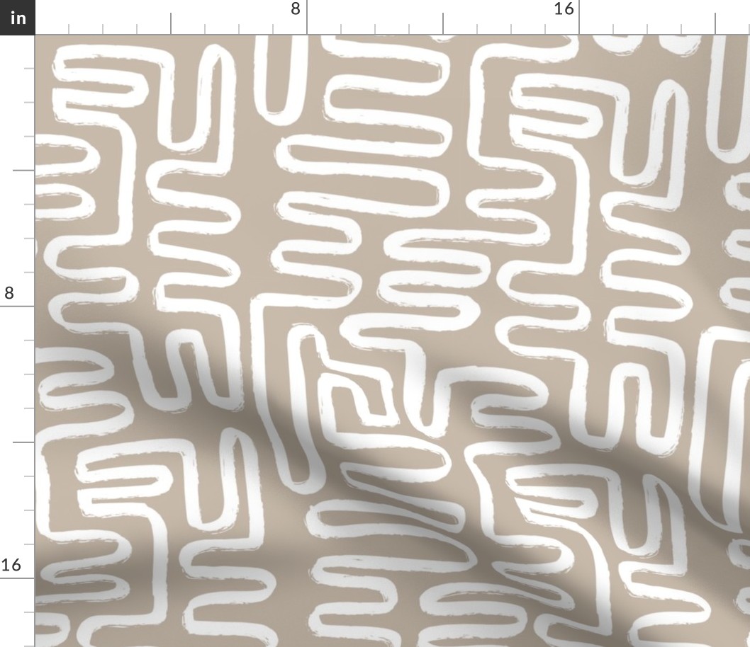 Rustic Modern Brush Abstract Pattern White on Tan, Light Brown, Squiggle Lines Wavy