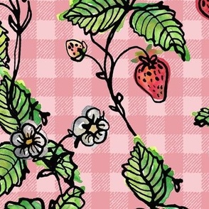 Climbing Strawberry Vines in Watercolor on Gingham Check - Soft Pinks