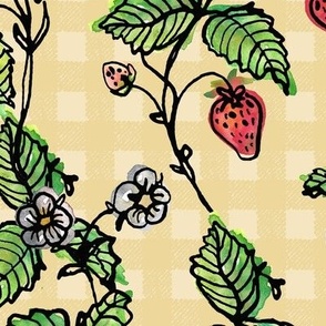Climbing Strawberry Vines in Watercolor on Gingham Check - Yellow