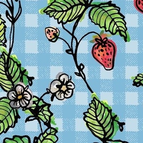 Climbing Strawberry Vines in Watercolor on Gingham Check - Blues