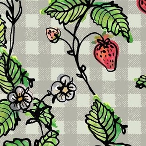 Climbing Strawberry Vines in Watercolor on Gingham Check - Greens