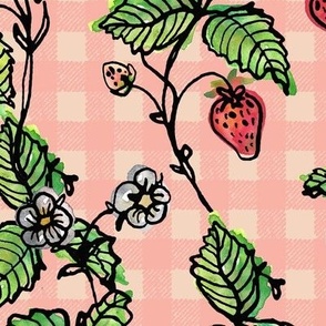 Climbing Strawberry Vines in Watercolor on Gingham Check - Nude