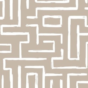 Rustic Modern Brush Abstract Pattern White on Tan, Light Brown, Maze Line Pattern