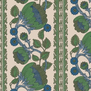 Grandmillennial bold and moody trailing floral and leaves stripe in rich greens and blues on an off white / cream background