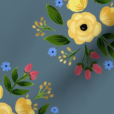 Allison Vintage Floral Bouquet on Dark Blue_Medium Scale_Bloom Wild Design 
