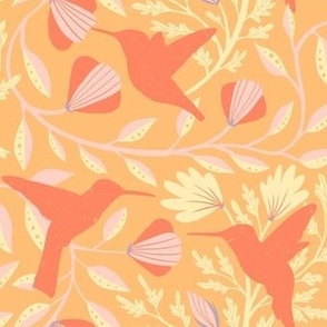 Hummingbird silhouettes with floral vines in orange and light pink