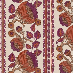 Grandmillennial bold and moody trailing floral and leaves stripe in dark magenta, orange-red and soft brown on an off white / cream background