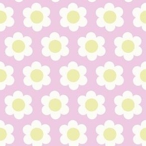 Extra small 60s Flower Power Daisy -Pale pastel yellow and white on light lavender pink - retro floral - retro flowers - simple retro flower wallpaper - happy retro nursery - spring floral