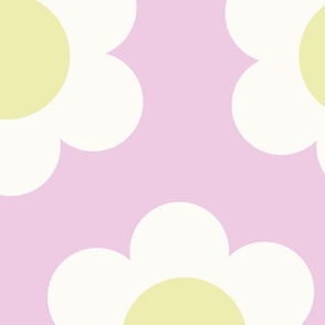 Jumbo 60s Flower Power Daisy - Pale pastel yellow and white on light lavender pink - retro floral - retro flowers - simple retro flower wallpaper - happy retro nursery - spring floral