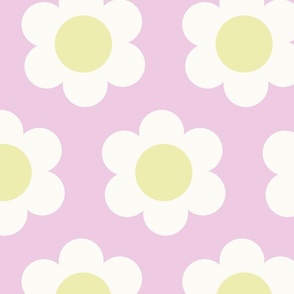 Large 60s Flower Power Daisy -Pale pastel yellow and white on light lavender pink - retro floral - retro flowers - simple retro flower wallpaper - happy retro nursery - spring floral