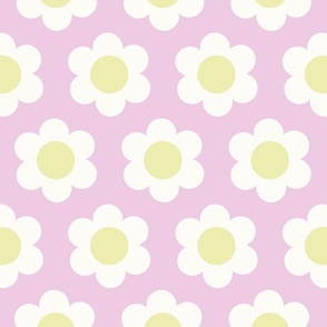 Medium 60s Flower Power Daisy -Pale pastel yellow and white on light lavender pink - retro floral - retro flowers - simple retro flower wallpaper - happy retro nursery - spring floral
