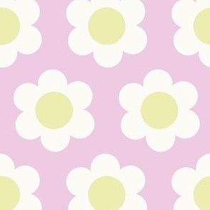 Small 60s Flower Power Daisy -Pale pastel yellow and white on light lavender pink - retro floral - retro flowers - simple retro flower wallpaper - happy retro nursery - spring floral