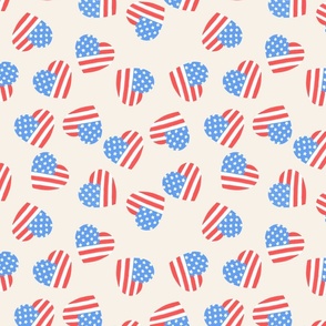 American Flag Hearts on Beige, Stars, Red White and Blue, Patriotic Fabric, Independence Day