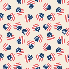 American Flag Hearts on Beige-muted, Stars, Red White and Blue, Patriotic Fabric, Independence Day