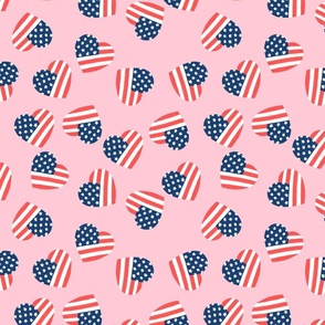 American Flag Hearts on Pink, Stars, Red White and Blue, Patriotic Fabric, Independence Day