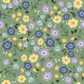 Medium Playful Wildflowers in Moss Green, Denim Blue, and Lemon Drop Yellow