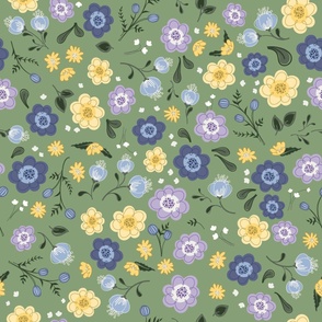 Large Playful Wildflowers in Moss Green, Denim Blue, and Lemon Drop Yellow