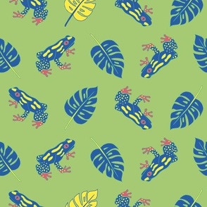 Tropical Blue Frogs & Monstera Palms  on Green Base
