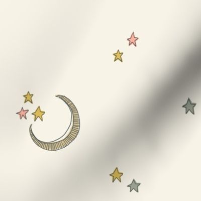 Moon and Stars in Salmon Pink, Sage Green and Goldenrod Yellow on Ivory