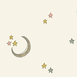 Moon and Stars in Salmon Pink, Sage Green and Goldenrod Yellow on Ivory