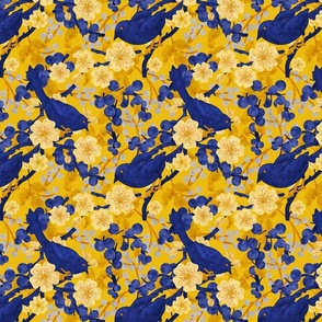 Sloe Hedge /Sloe Hedge Coordinate/Blue and Gold Birds and Blossoms - Small Gold