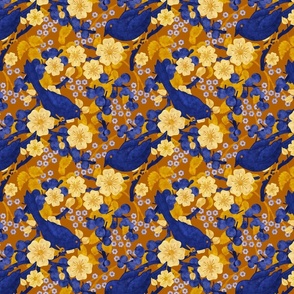 Sloe Hedge /Sloe Hedge Coordinate/Blue and Gold Birds and Blossoms - Small Pumpkin