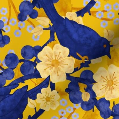 Sloe Hedge /Sloe Hedge Coordinate/Blue and Gold Birds and Blossoms - Large Gold