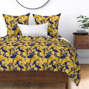 Sloe Hedge /Sloe Hedge Coordinate/Blue and Gold Birds and Blossoms - Large Gold