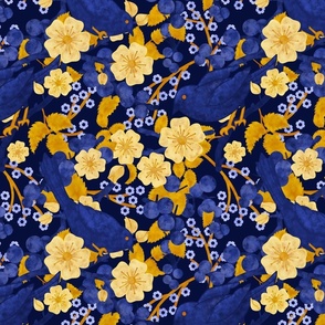 Sloe Hedge /Sloe Hedge Coordinate/Blue and Gold Birds and Blossoms - Large Midnight