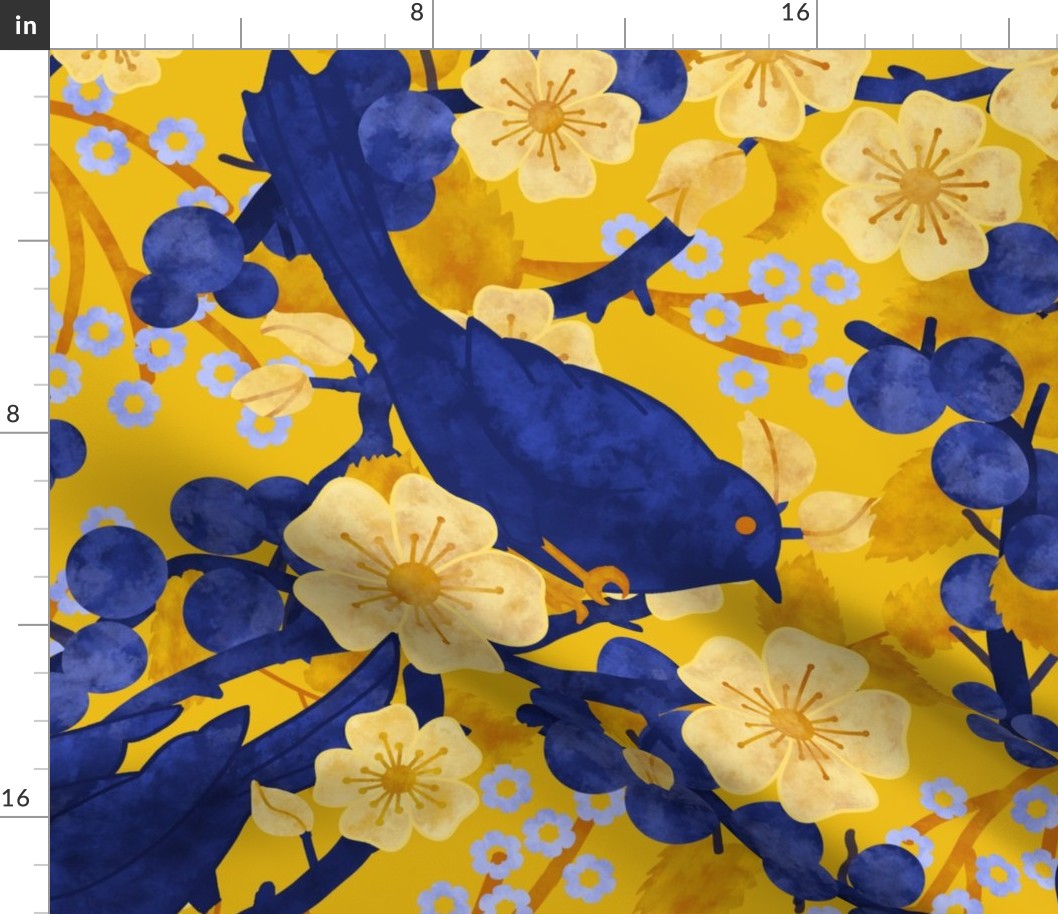 Sloe Hedge /Sloe Hedge Coordinate/Blue and Gold Birds and Blossoms - Extra Large Gold 
