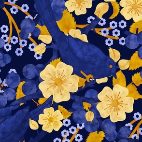 Sloe Hedge /Sloe Hedge Coordinate/Blue and Gold Birds and Blossoms - Extra Large Midnight