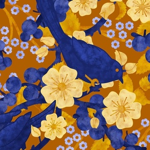 Sloe Hedge /Sloe Hedge Coordinate/Blue and Gold Birds and Blossoms - Extra Large Pumpkin