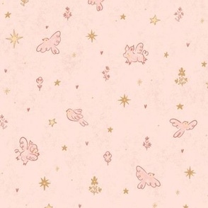 Whimsical Flying Pigs | Nursery Baby Girl | Muted Dusty Pink Texture | Birds & Stars