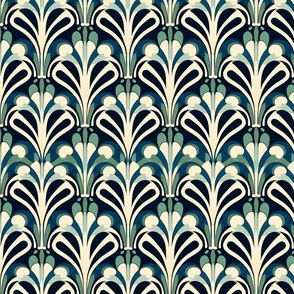 Art Nouveau Inspired Botanical Seamless Pattern in Navy and Cream