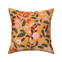 LARGE-Maroon, Green Botanicals & Untamed red white pink Florals on orange