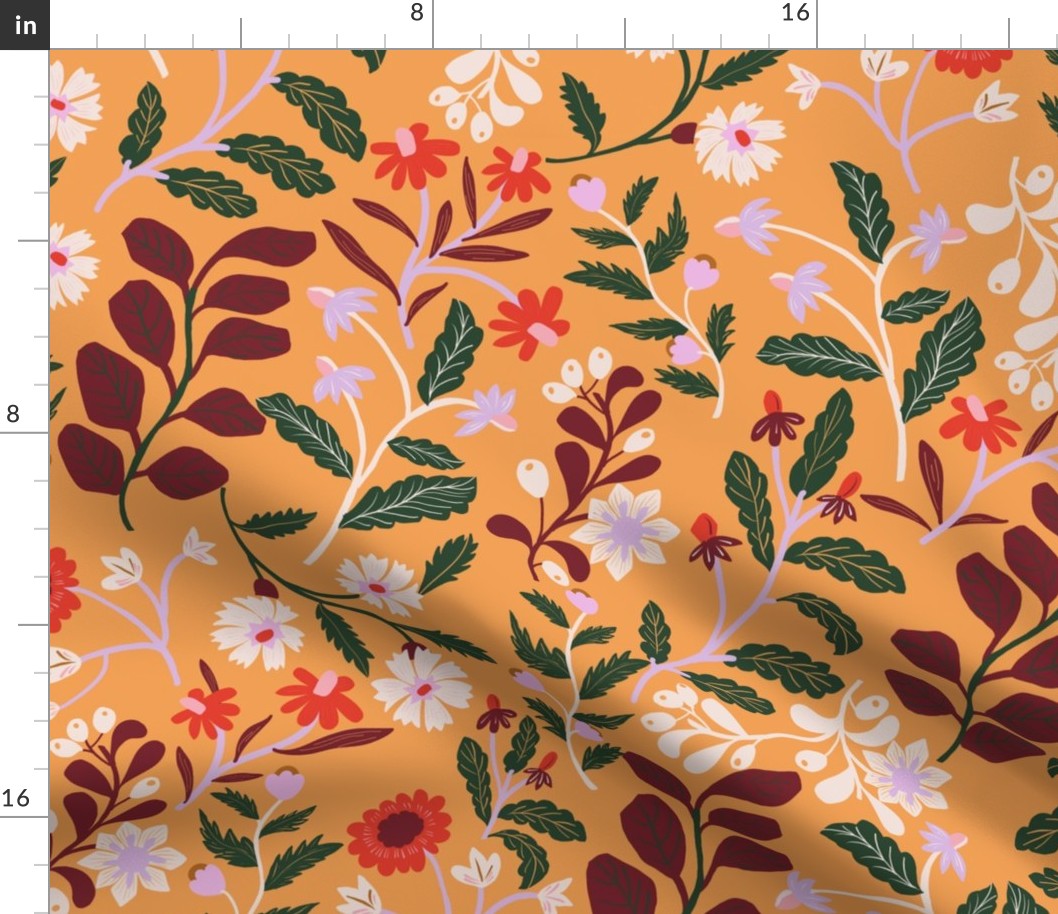 LARGE-Maroon, Green Botanicals & Untamed red white pink Florals on orange