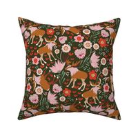 LARGE: Brown Tan Reindeer with red pink floral accents and green foliage on black