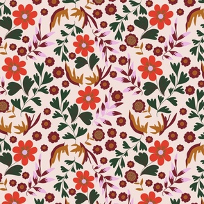 LARGE: Autumn Red florals with green pink foliage and little maroon florals