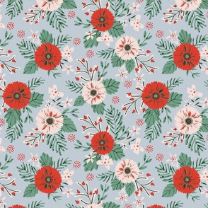 LARGE: Textured centre grabbing Red & White Florals with Green leaves Foliage on Light Blue