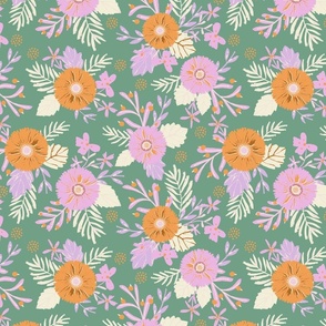 LARGE: Textured centre grabbing Orange & Pink Florals with Green Foliage on green