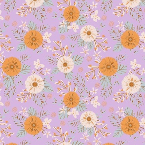 LARGE: Textured Orange & White Florals with mint Green leaves Foliage on Light pink purple