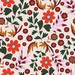 MEDIUM: Autumn Red florals with green pink foliage and little maroon florals