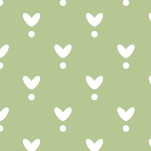 White hearts and dots on a warm pale green background