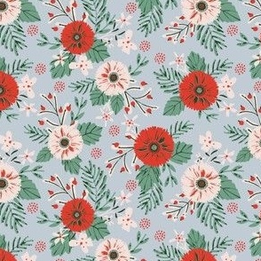 SMALL: Textured centre grabbing Red & White Florals with Green Foliage on  Blue